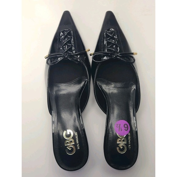 GBG Los Angeles Pointed Toe Mule Black Kitten Low Heels Shiny Womens 6.5 NEW - Picture 5 of 7